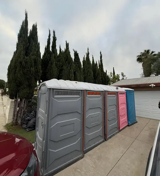 Row of gray, pink and blue portable toilets lined up on a driveway