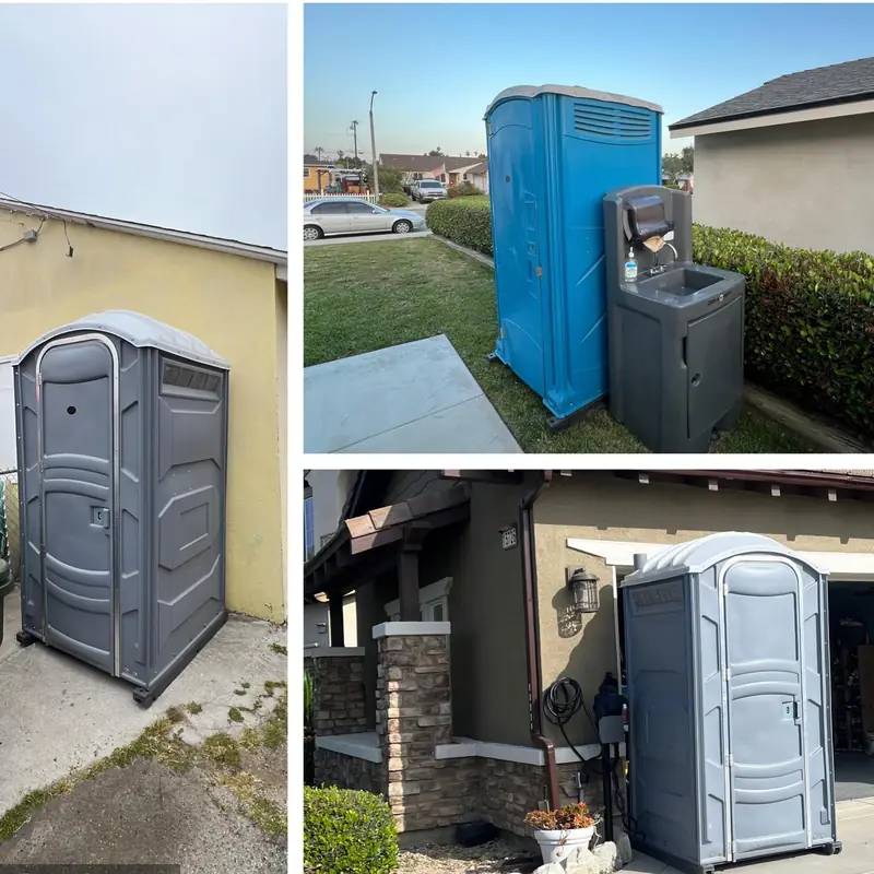 Collage of portable toilets placed in driveways and yards at homes