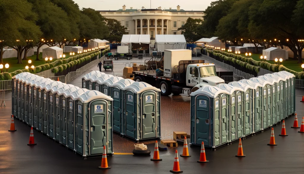 Festival porta potty bank with barricades in Shelton, Connecticut